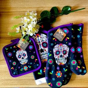 Day of the Dead Skull Halloween Kitchen decor mitt towel pot holders